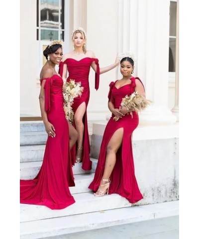 Off Shoulder Bridesmaid Dresses 2024 Satin Mermaid Prom Dress with Slit Ruched Long Formal Gowns Burnt Orange $40.32 Dresses