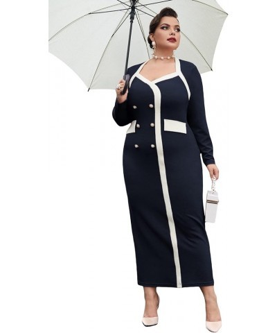 Women's Plus Size Colorblock Long Sleeve Split Hem Elegant Bodycon Maxi Dress Navy Blue $17.76 Dresses