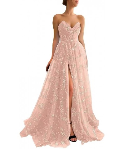 Women's Sparkle Starry Tulle Prom Dresses Strapless Slit Formal Evening Party Gowns Blush $32.25 Dresses