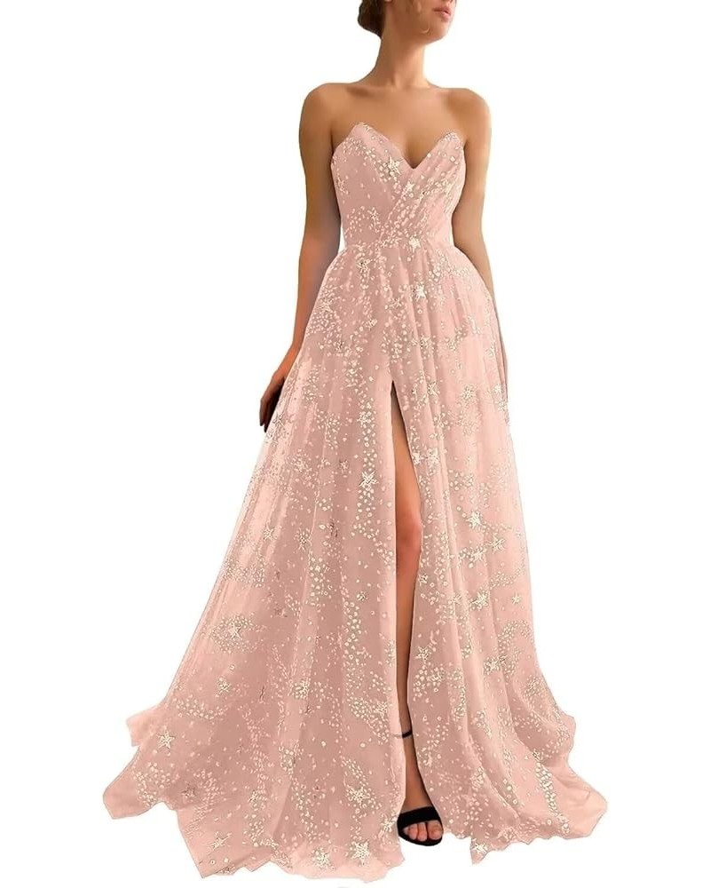 Women's Sparkle Starry Tulle Prom Dresses Strapless Slit Formal Evening Party Gowns Blush $32.25 Dresses