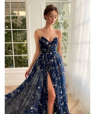 Women's Sparkle Starry Tulle Prom Dresses Strapless Slit Formal Evening Party Gowns Blush $32.25 Dresses