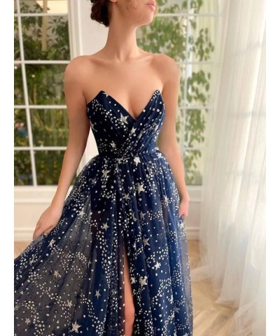 Women's Sparkle Starry Tulle Prom Dresses Strapless Slit Formal Evening Party Gowns Blush $32.25 Dresses