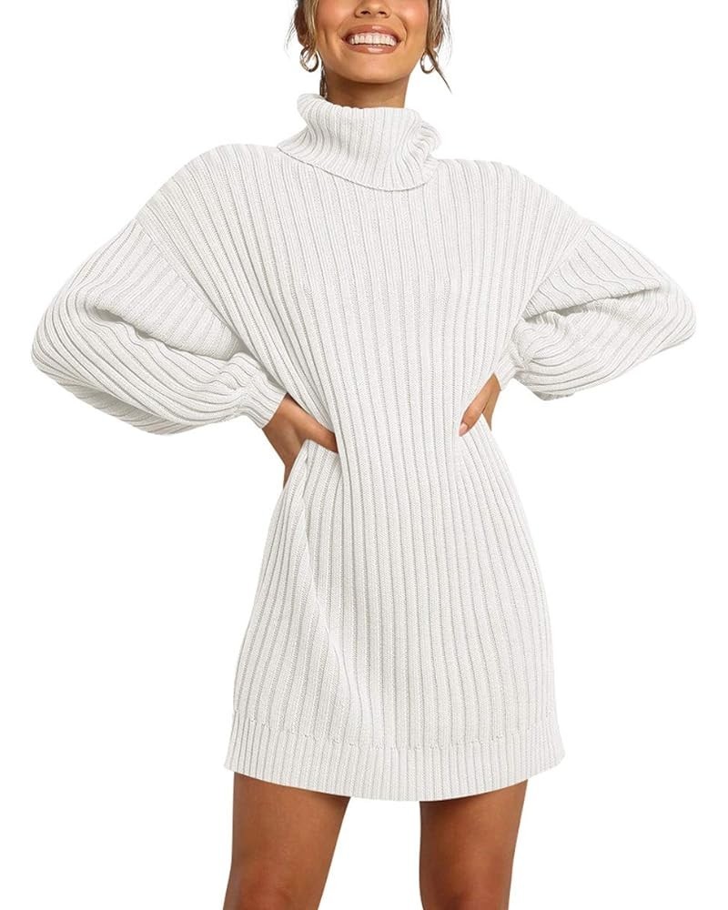 Women's Sweater Dress Turtleneck Long Balloon Sleeve Ribbed Knit Oversized Pullover Dresses White $18.19 Sweaters