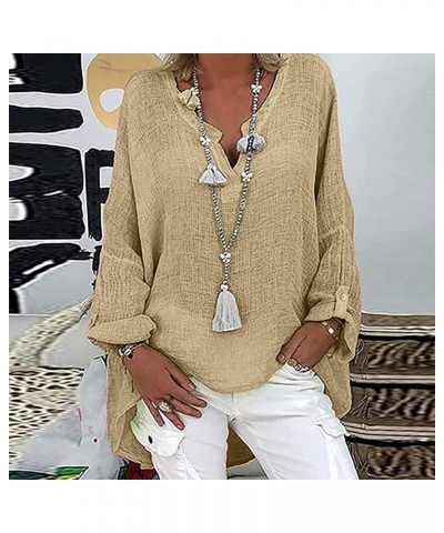 Womens Linen Shirts Long Sleeves V Neck Casual T Shirt Oversized Lightweight Spring Fashion 2024 Workout Tops A-solid1-khaki ...