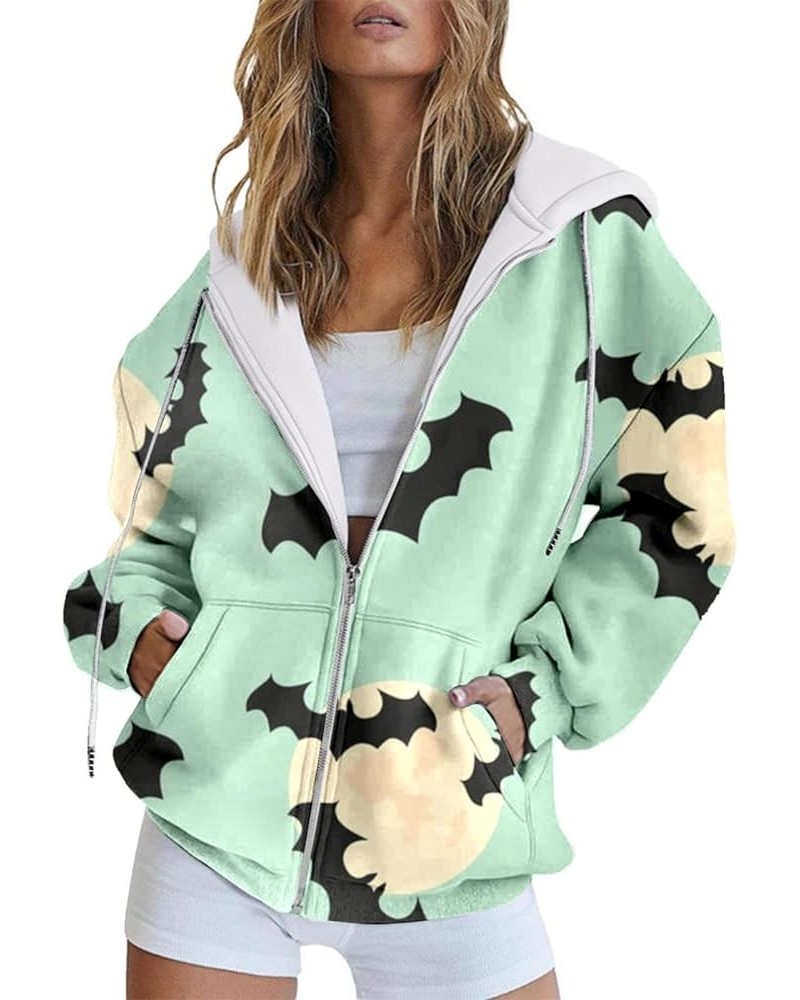 Halloween Jacket for Women,Zip up Hoodies Pumpkins Plus Size Sweatshirts Y2k Cute Fall Drawstring Jackets with Pocket Bat Gre...