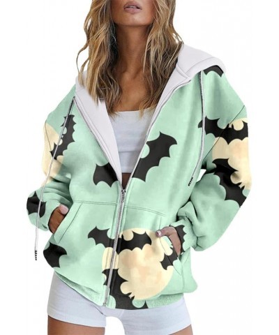 Halloween Jacket for Women,Zip up Hoodies Pumpkins Plus Size Sweatshirts Y2k Cute Fall Drawstring Jackets with Pocket Bat Gre...