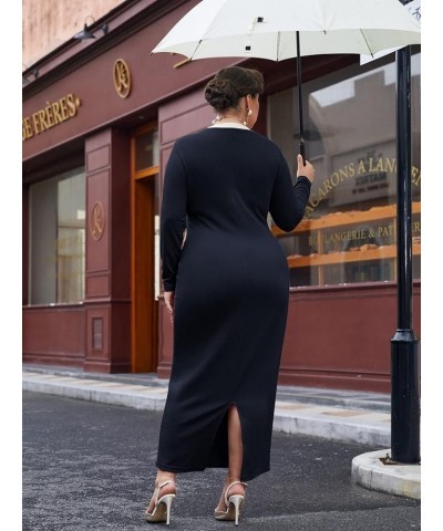 Women's Plus Size Colorblock Long Sleeve Split Hem Elegant Bodycon Maxi Dress Navy Blue $17.76 Dresses