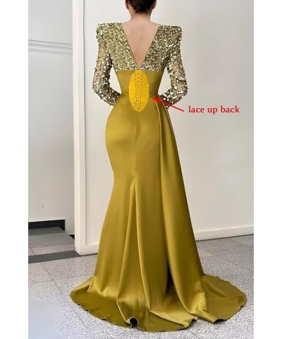 V Neck Sequin Mermaid Prom Dresses for Women Silk Satin Long Sleeve Evening Gown with Slit Formal Wedding Party Dresses Laven...