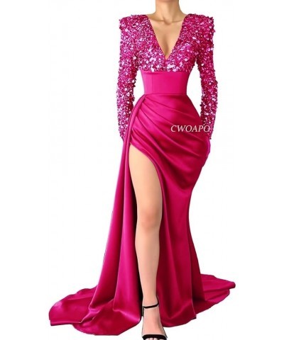 V Neck Sequin Mermaid Prom Dresses for Women Silk Satin Long Sleeve Evening Gown with Slit Formal Wedding Party Dresses Laven...