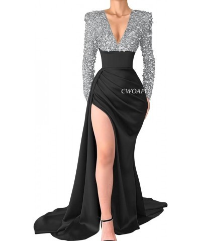 V Neck Sequin Mermaid Prom Dresses for Women Silk Satin Long Sleeve Evening Gown with Slit Formal Wedding Party Dresses Laven...