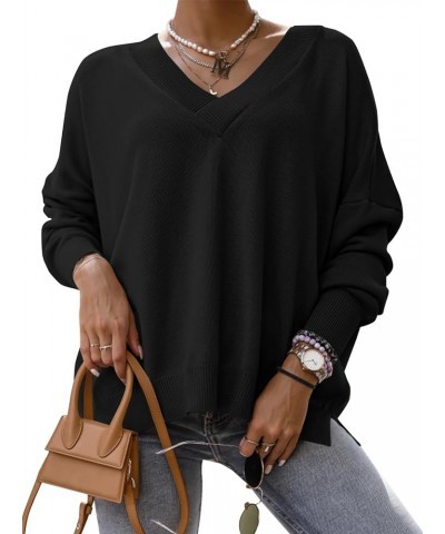 Womens Oversized V Neck Sweaters Casual Long Sleeve Soft Ribbed Knit Split Fall Pullover Jumper Tops Black $9.05 Sweaters