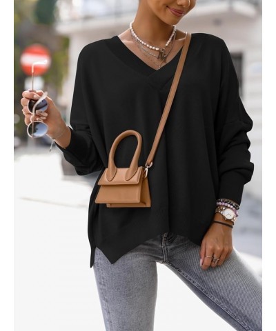 Womens Oversized V Neck Sweaters Casual Long Sleeve Soft Ribbed Knit Split Fall Pullover Jumper Tops Black $9.05 Sweaters