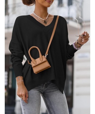 Womens Oversized V Neck Sweaters Casual Long Sleeve Soft Ribbed Knit Split Fall Pullover Jumper Tops Black $9.05 Sweaters