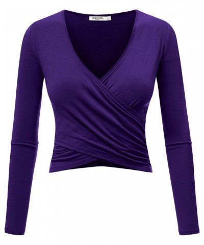 Women's Premium Short/Long Sleeve Deep V Neck Slim fit Cross Wrap Crop top Shirt-Made in USA Wt1482_dark_purple $10.79 T-Shirts