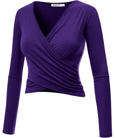 Women's Premium Short/Long Sleeve Deep V Neck Slim fit Cross Wrap Crop top Shirt-Made in USA Wt1482_dark_purple $10.79 T-Shirts