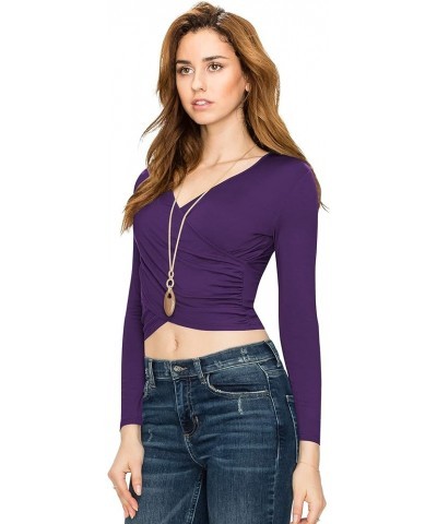 Women's Premium Short/Long Sleeve Deep V Neck Slim fit Cross Wrap Crop top Shirt-Made in USA Wt1482_dark_purple $10.79 T-Shirts