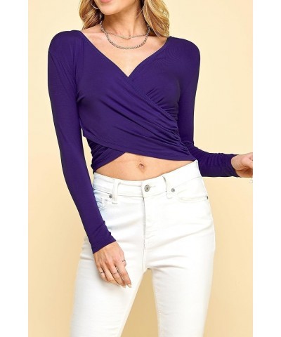 Women's Premium Short/Long Sleeve Deep V Neck Slim fit Cross Wrap Crop top Shirt-Made in USA Wt1482_dark_purple $10.79 T-Shirts