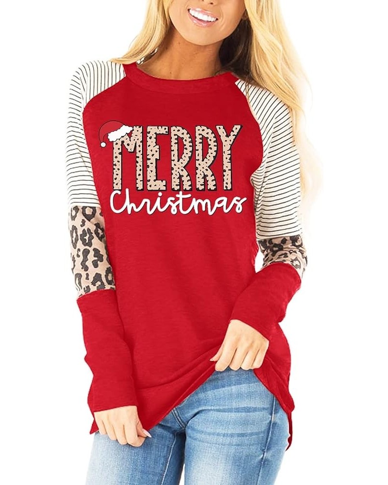 Merry Christmas Shirts Women Christmas Long Sleeve Blouse Leopard Print T Shirt Xmas Striped Fall Tee Tops Red $18.59 T-Shirts