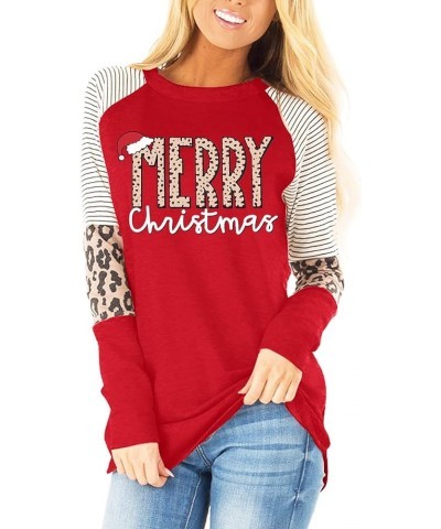 Merry Christmas Shirts Women Christmas Long Sleeve Blouse Leopard Print T Shirt Xmas Striped Fall Tee Tops Red $18.59 T-Shirts