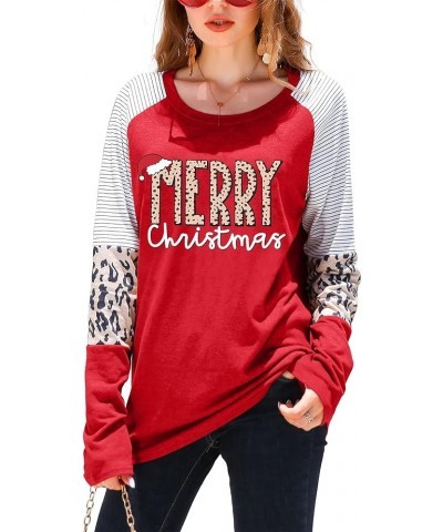 Merry Christmas Shirts Women Christmas Long Sleeve Blouse Leopard Print T Shirt Xmas Striped Fall Tee Tops Red $18.59 T-Shirts