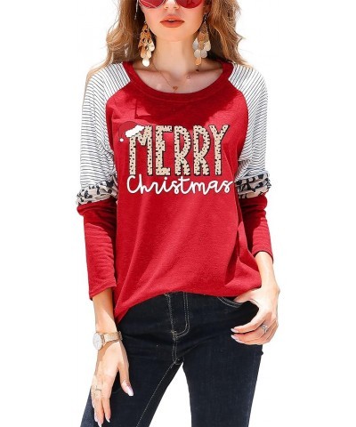 Merry Christmas Shirts Women Christmas Long Sleeve Blouse Leopard Print T Shirt Xmas Striped Fall Tee Tops Red $18.59 T-Shirts