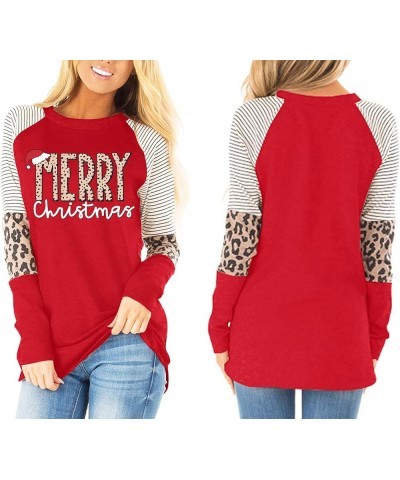 Merry Christmas Shirts Women Christmas Long Sleeve Blouse Leopard Print T Shirt Xmas Striped Fall Tee Tops Red $18.59 T-Shirts