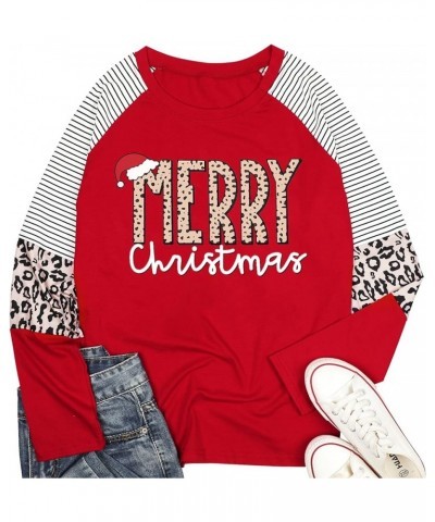 Merry Christmas Shirts Women Christmas Long Sleeve Blouse Leopard Print T Shirt Xmas Striped Fall Tee Tops Red $18.59 T-Shirts