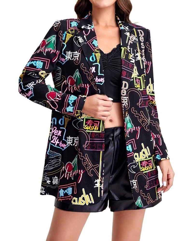 Women's Casual Long Sleeve Pop Art Colorful Blazer Graphic Work Suit Jacket Black Letter $18.04 Blazers