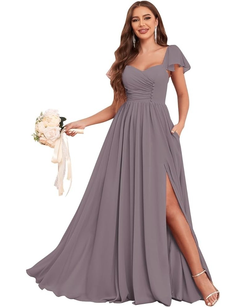 Women's Ruffles Sleeve Bridesmaid Dresses with Pockets Buttons Flowy Chiffon Long Formal Dress Wisteria $32.90 Dresses