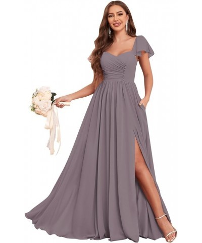 Women's Ruffles Sleeve Bridesmaid Dresses with Pockets Buttons Flowy Chiffon Long Formal Dress Wisteria $32.90 Dresses