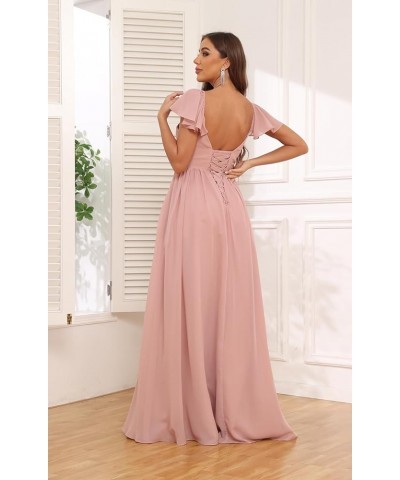 Women's Ruffles Sleeve Bridesmaid Dresses with Pockets Buttons Flowy Chiffon Long Formal Dress Wisteria $32.90 Dresses