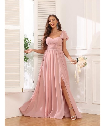 Women's Ruffles Sleeve Bridesmaid Dresses with Pockets Buttons Flowy Chiffon Long Formal Dress Wisteria $32.90 Dresses