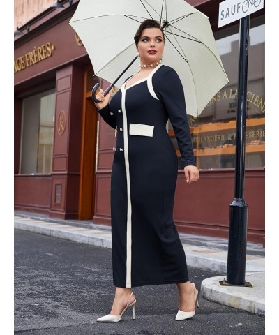 Women's Plus Size Colorblock Long Sleeve Split Hem Elegant Bodycon Maxi Dress Navy Blue $17.76 Dresses