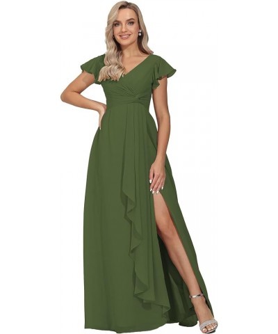 V Neck Bridesmaid Dresses for Women Flutter Sleeve Chiffon Long Wedding Guests Dresses with Slit Olive Green $30.53 Dresses