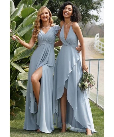 V Neck Bridesmaid Dresses for Women Flutter Sleeve Chiffon Long Wedding Guests Dresses with Slit Olive Green $30.53 Dresses