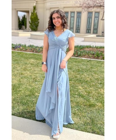 V Neck Bridesmaid Dresses for Women Flutter Sleeve Chiffon Long Wedding Guests Dresses with Slit Olive Green $30.53 Dresses