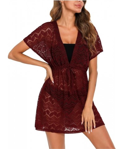 Women's Bathing Suit Cover Ups 2024 Summer Sexy Swimwear Beach Bikini Coverup Dresses Wine Red $17.39 Swimsuits