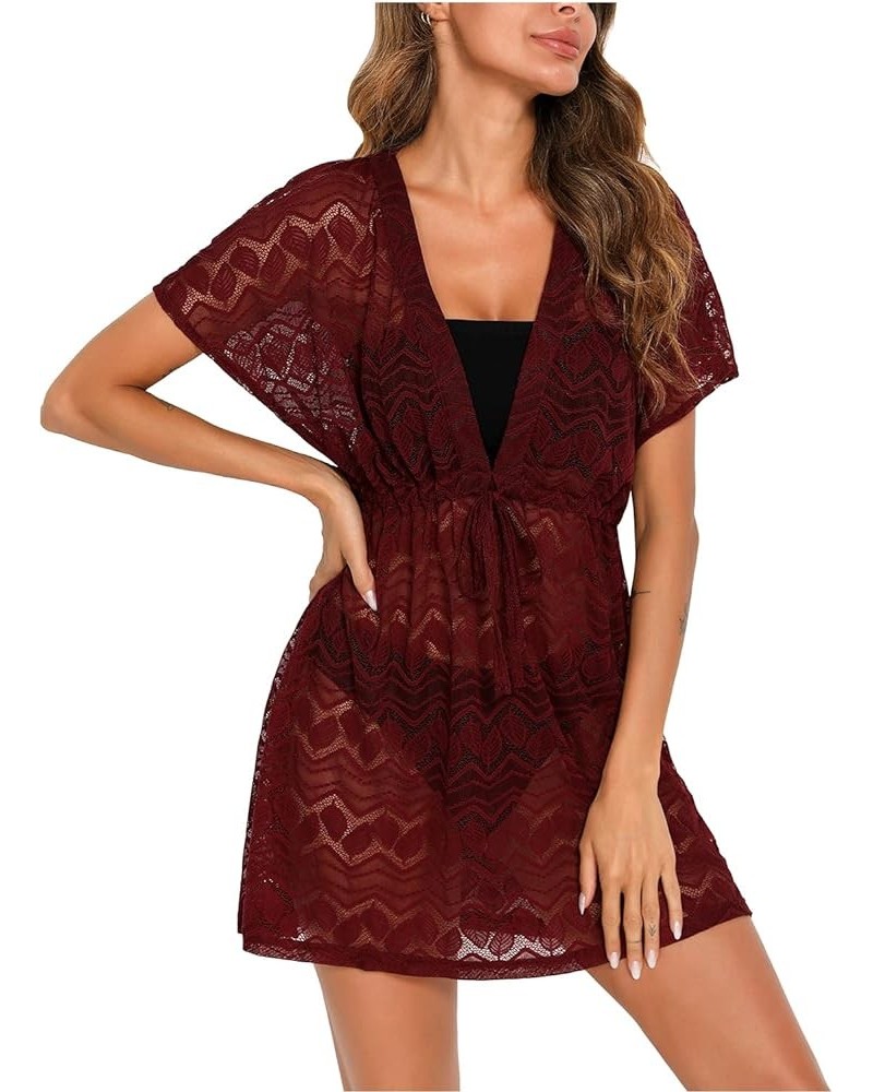 Women's Bathing Suit Cover Ups 2024 Summer Sexy Swimwear Beach Bikini Coverup Dresses Wine Red $17.39 Swimsuits