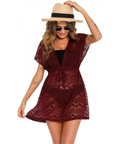 Women's Bathing Suit Cover Ups 2024 Summer Sexy Swimwear Beach Bikini Coverup Dresses Wine Red $17.39 Swimsuits