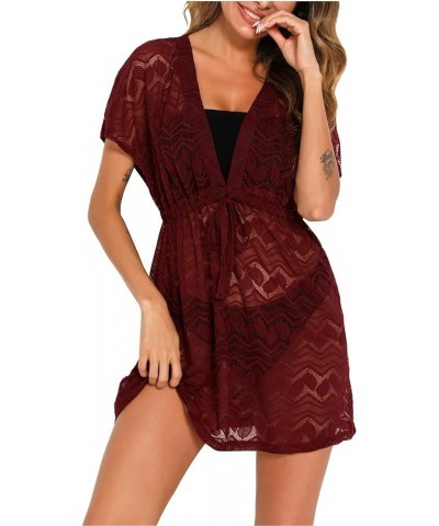 Women's Bathing Suit Cover Ups 2024 Summer Sexy Swimwear Beach Bikini Coverup Dresses Wine Red $17.39 Swimsuits