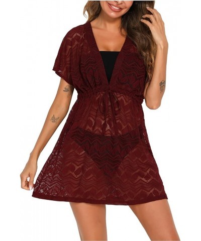 Women's Bathing Suit Cover Ups 2024 Summer Sexy Swimwear Beach Bikini Coverup Dresses Wine Red $17.39 Swimsuits