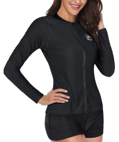 Women 2 Piece Rash Guard Swimsuit Long Sleeve Zipper Bathing Suit Sun Protection UPF 50+ Swim Shirt with Shorts Solid Black $...