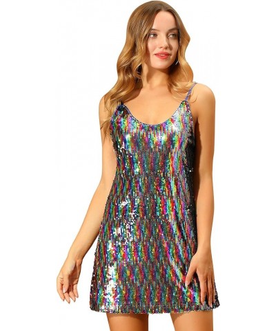 Women's Glitter Sequin Dress V Neck Spaghetti Strap Christmas Mini Party Dress Clubwear Rainbow $18.90 Dresses