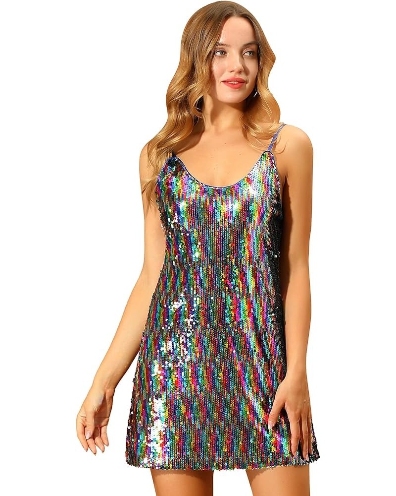 Women's Glitter Sequin Dress V Neck Spaghetti Strap Christmas Mini Party Dress Clubwear Rainbow $18.90 Dresses