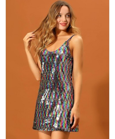 Women's Glitter Sequin Dress V Neck Spaghetti Strap Christmas Mini Party Dress Clubwear Rainbow $18.90 Dresses