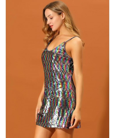 Women's Glitter Sequin Dress V Neck Spaghetti Strap Christmas Mini Party Dress Clubwear Rainbow $18.90 Dresses