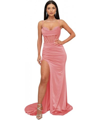 Cowl Neck Prom Dresses Long Spaghetti Straps Illusion Mermaid Corset Formal Evening Gown with Slit Coral $29.25 Dresses