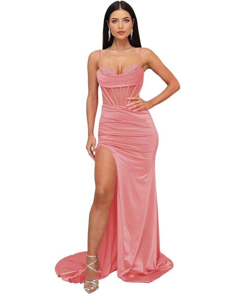 Cowl Neck Prom Dresses Long Spaghetti Straps Illusion Mermaid Corset Formal Evening Gown with Slit Coral $29.25 Dresses