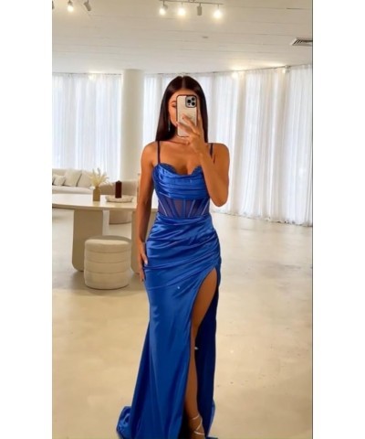 Cowl Neck Prom Dresses Long Spaghetti Straps Illusion Mermaid Corset Formal Evening Gown with Slit Coral $29.25 Dresses