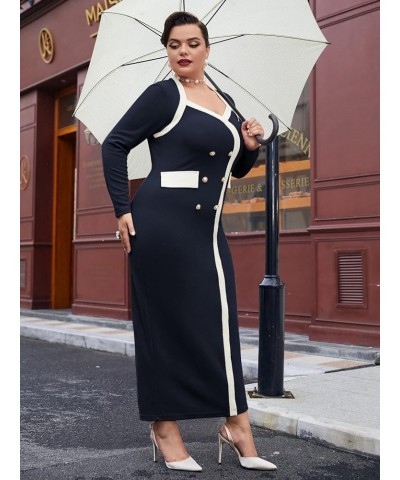 Women's Plus Size Colorblock Long Sleeve Split Hem Elegant Bodycon Maxi Dress Navy Blue $17.76 Dresses